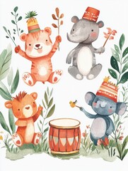 Watercolor animal parade featuring playful creatures with soft drums celebrating in Lapki style