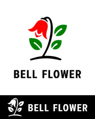 abstract and minimalist floral logo featuring a red bell-shaped flower with green leaves and a curved black stem