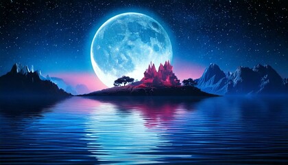 Fototapeta premium fantasy, futuristic, night, landscape, moonlight, island, abstract, radiance, scenery, sky, nature, cosmic, stars, glowing, mystical, twilight, horizon, dreamlike, surreal, illumination, celestial, oc