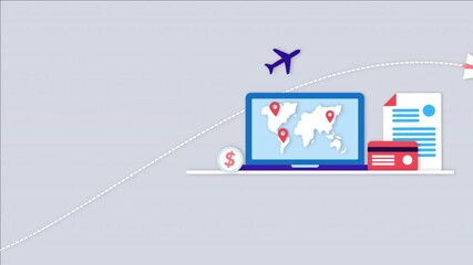 Laptop with map, credit card, dollar sign, plane. Ideal for travel booking website, financial blog, business presentation, or vacation planning materials.