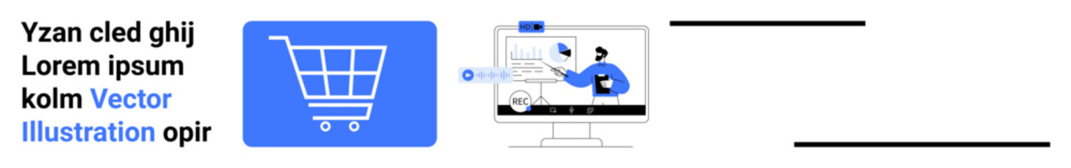 Blue shopping cart icon and person interacting with computer screen, representing e-commerce, retail, digital marketing. Ideal for e-commerce, online stores, retail, marketing, UIUX business simple