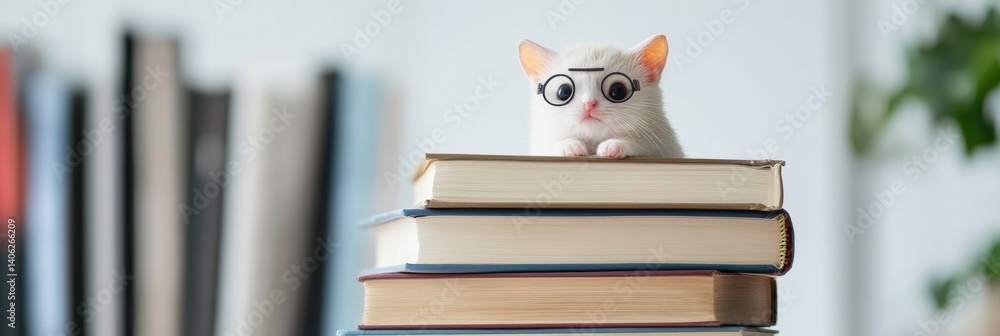 Poster cute tiny animals peek out from a stack of books in a calm reading nook filled with soft natural lig
