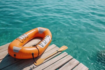 Fototapeta premium Orange inflatable boat with paddle on dock over clear water recreation travel watersport