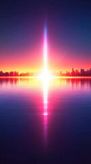 A city skyline is reflected in the water, with a bright light shining through the water. The light is creating a beautiful and serene atmosphere