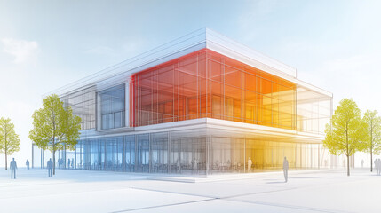 Obraz premium A large building with a red and orange facade. The building is surrounded by trees and has a lot of windows. The building appears to be a commercial building with a lot of people walking around it