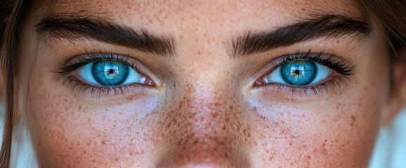 Naklejka premium Up close view of striking blue eyes, freckled skin, and dark eyebrows. Detailed eye lashes