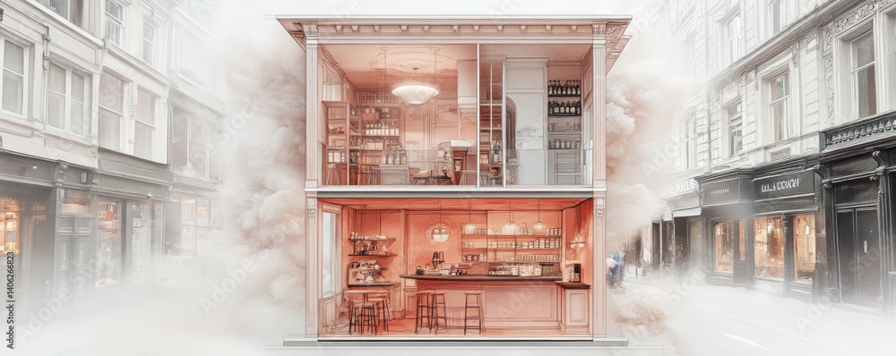 Poster a building with a lot of smoke coming out of it. the building is a two story building with a bar and