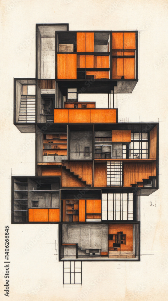Poster a drawing of a building with many rooms and stairs. the drawing is in black and white and has a very