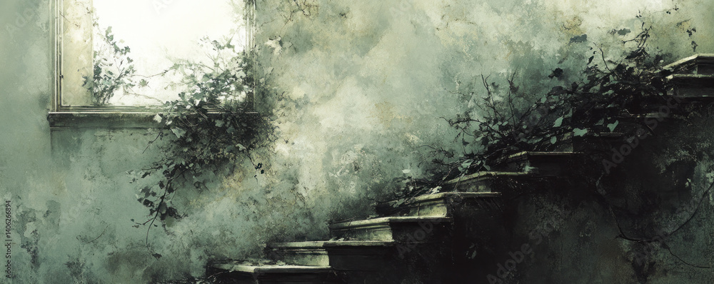 Poster a staircase with a window in the background. the window is covered in vines and the staircase is cov