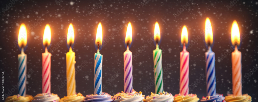 Poster a row of colorful birthday candles on a cake. the candles are lit and arranged in a row, with some c