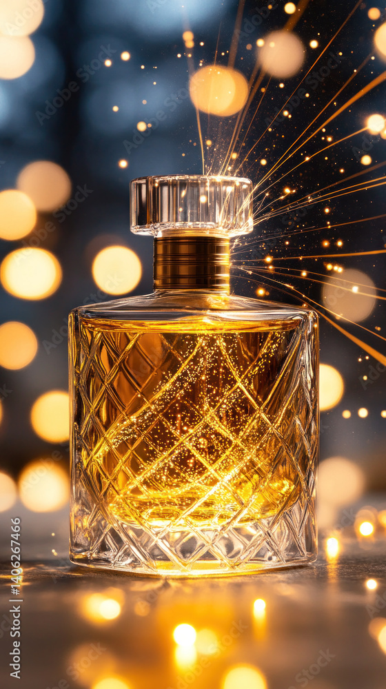 Poster a bottle of perfume is lit up by a light source, creating a sparkling effect. the bottle is made of 