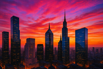 city skyline at sunset, city at night