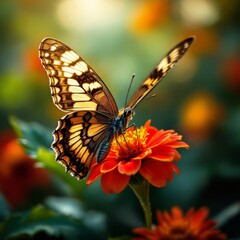 Butterfly Resting on Vibrant Orange Flower in a Lush Garden