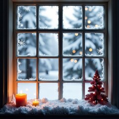 Naklejka premium Frosty windows with Christmas decorations and snow, Frosty Glass, Holiday