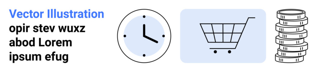 Clock symbolizing time, shopping cart for online purchases, and stack of coins for finance. Ideal for business, e-commerce, shopping, scheduling, time planning, budgeting simple landing page