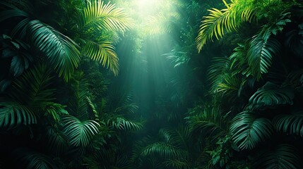 Lush jungle canopy basks in sunlight, creating an ethereal atmosphere in a vibrant, verdant vista