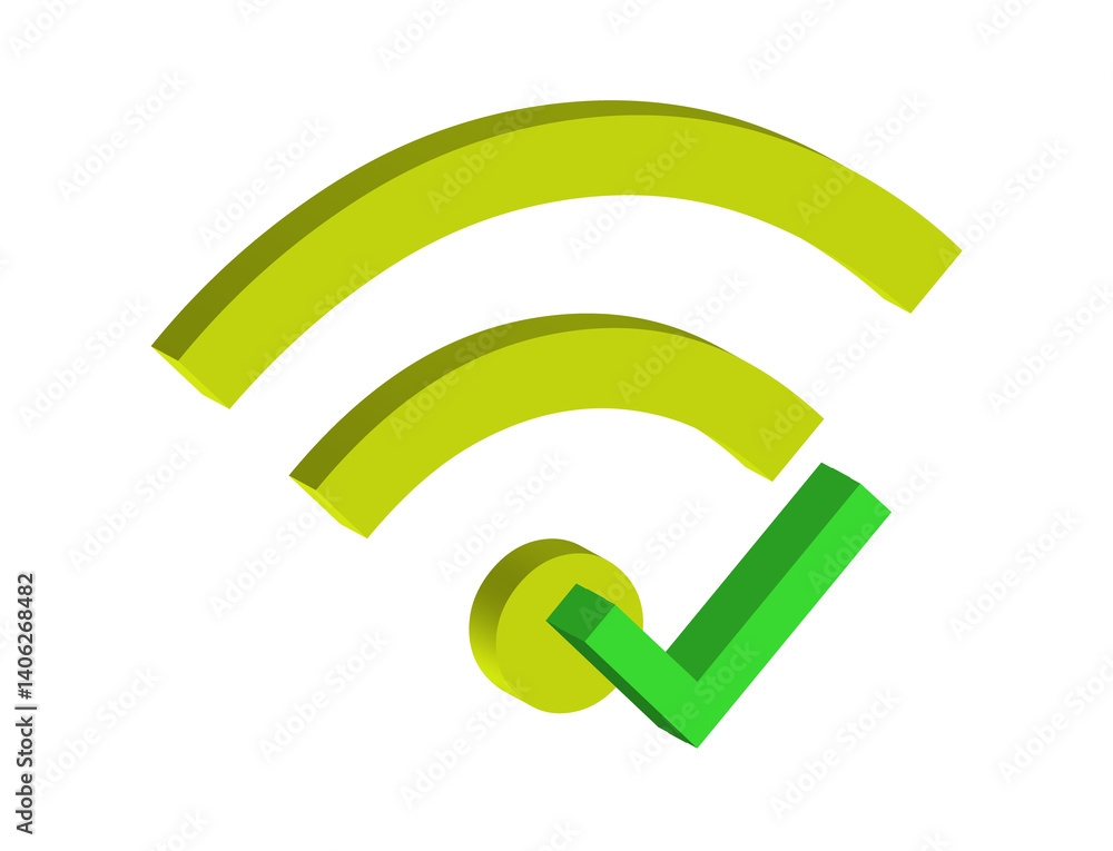 Poster 3d illustration of a wi-fi symbol with a green check mark. transparent background, png format. this 