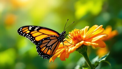Obraz premium Butterfly Resting on Orange Flower in a Sunny Garden Setting