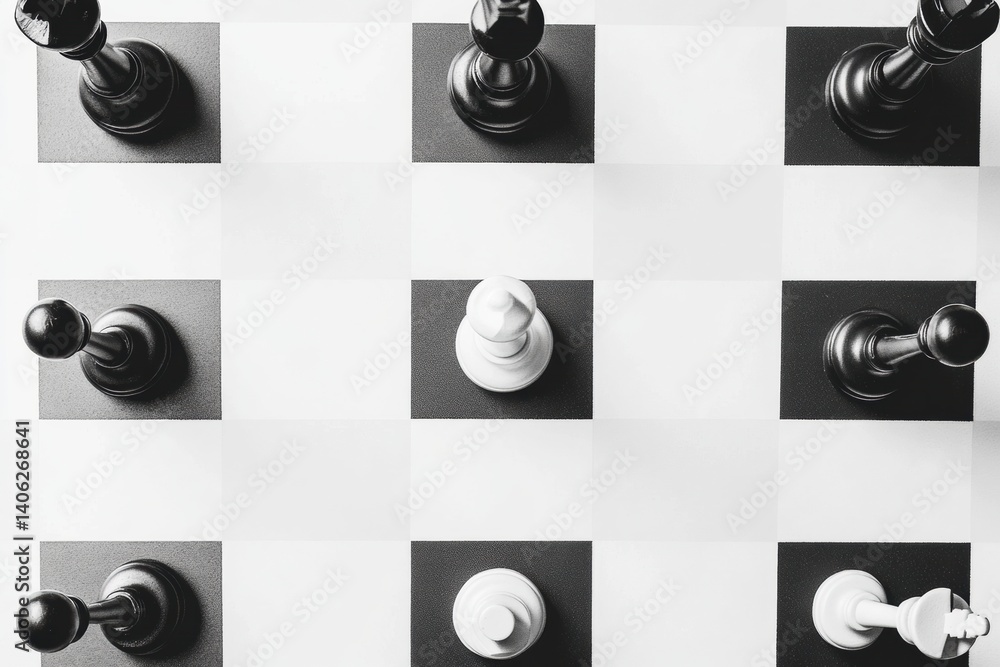 Poster top-down view of black and white chess pieces arranged on a clean white board during a strategic gam
