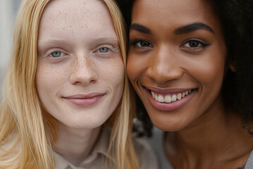 Close-up portrait of a smiling interracial lesbian couple, featuring a Black woman with natural hair and a white albino woman, highlighting love, unity, and diversity.