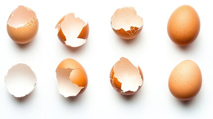  Brown eggshells in various stages of cracking on a white background. Macro close-up for culinary food concept, ideal for kitchen themes and Easter presentations.
