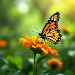 Fototapeta premium Butterfly Resting on Vibrant Yellow Flower in Sunny Garden Setting