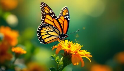 Fototapeta premium Butterfly Resting on Orange Flower in Garden with Soft Lighting