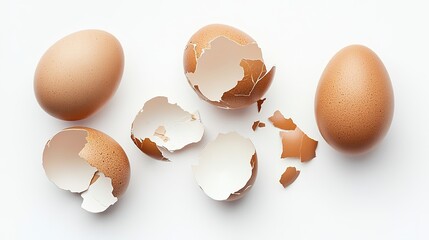  Brown eggshells in various stages of cracking on a white background. Macro close-up for culinary food concept, ideal for kitchen themes and Easter presentations.