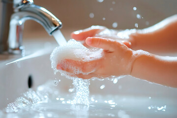 Fototapeta premium Close-up of tiny baby hands gripping a bar of soap, with foam and water flowing in a bathroom sink, emphasizing hygiene and cleanliness