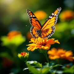 Fototapeta premium Monarch Butterfly Feeding on Orange Flower in a Sunny Garden