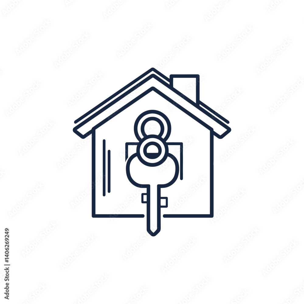 Poster house and key icon, simple outline design element with transparent background