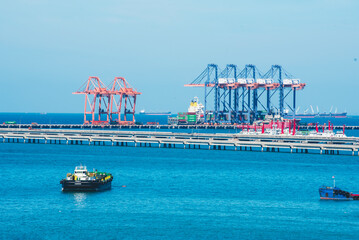 Logistic shipping quay boat Engineering crane depot at logistic export terminal control. Warehouse...