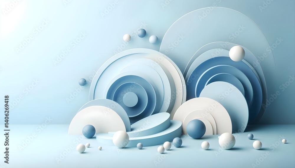 Aufkleber light blue abstract art with a balance of 3d shapes and soft shadows in minimalist layout
