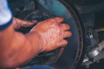 Mechanic car service auto garage in automotive mobile center. Technician workshop repair engine...