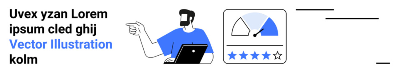 Man in blue shirt holding laptop pointing at performance gauge and star rating. Ideal for business analytics, customer satisfaction, teamwork, data analysis, feedback, productivity, flat landing page