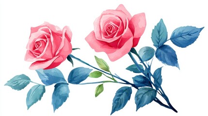 Delicate Pink Roses Watercolor Painting with Blue Green Leaves