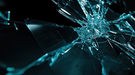 Close-up View of Shattered Turquoise Glass Fragments on Dark Background: Radiating Shards and Transparent Textures