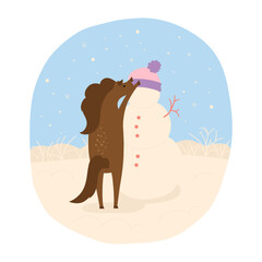 Horse with snowman winter landscape cartoon vector illustration. Abstract hand drawing mare horse greeting card. Comic purebred stallion. Flat animal character. Drawing design perfect for children art