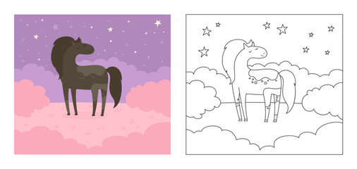 Horse on romantic meadow cartoon coloring book for kids. Dreamy fantasy mare horse vector illustration. Comic stallion. Hand drawn funny flat character design for Valentine's Day card, poster cover