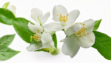 Fototapeta premium Jasmine bloom. A beautifull white flower of Jasmine falling in the air isolated on white 