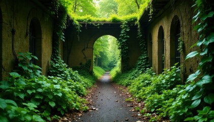 Overgrown, abandoned garden with vines and moss, moss, vegetation, grunge