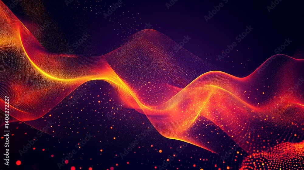 Poster dynamic wave of glowing particles on a dark background creates a digital flow