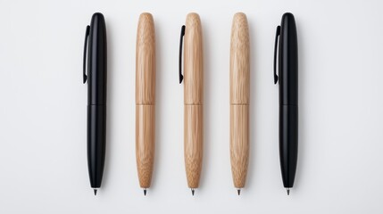 Five Sleek Pens Black and Light Brown Wood on White