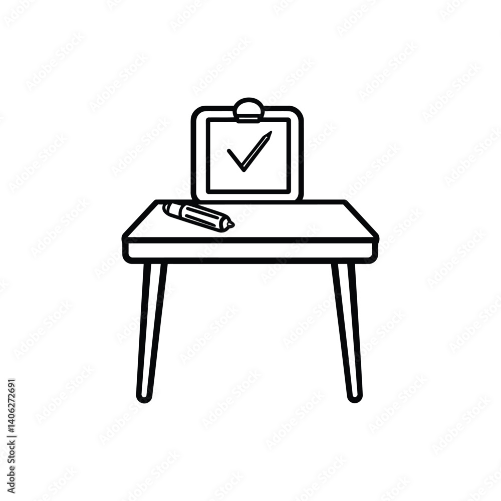 Poster Minimalist Desk with Clipboard Checkmark and Pen Outline Design on Transparent Background