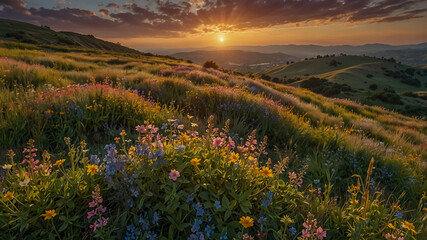 Stunning Wildflower Meadow at Sunrise in Hillside