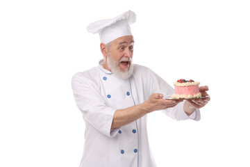 Professional pastry chef with delicious cake on white background