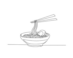 Noodles in the bowl outline drawing illustration. one continuous line drawing of ramen noodles with chopstick.