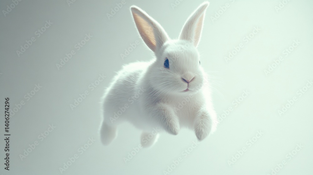 Poster white bunny captured mid-jump with ears in the air against a clean background showcasing its playful