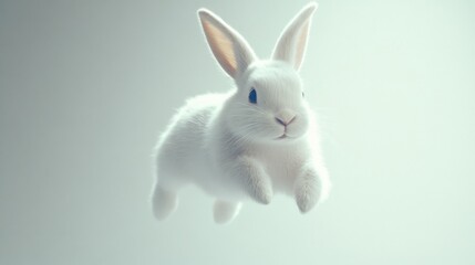 White bunny captured mid-jump with ears in the air against a clean background showcasing its playful nature and agility during a moment of joy