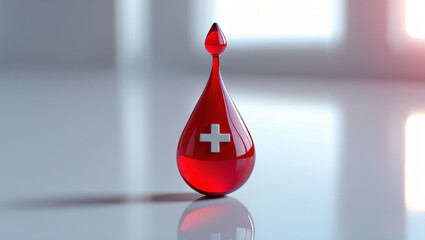Obraz premium Red Blood Donation Droplet with White Cross on Reflective Surface – 4K Humanitarian Concept